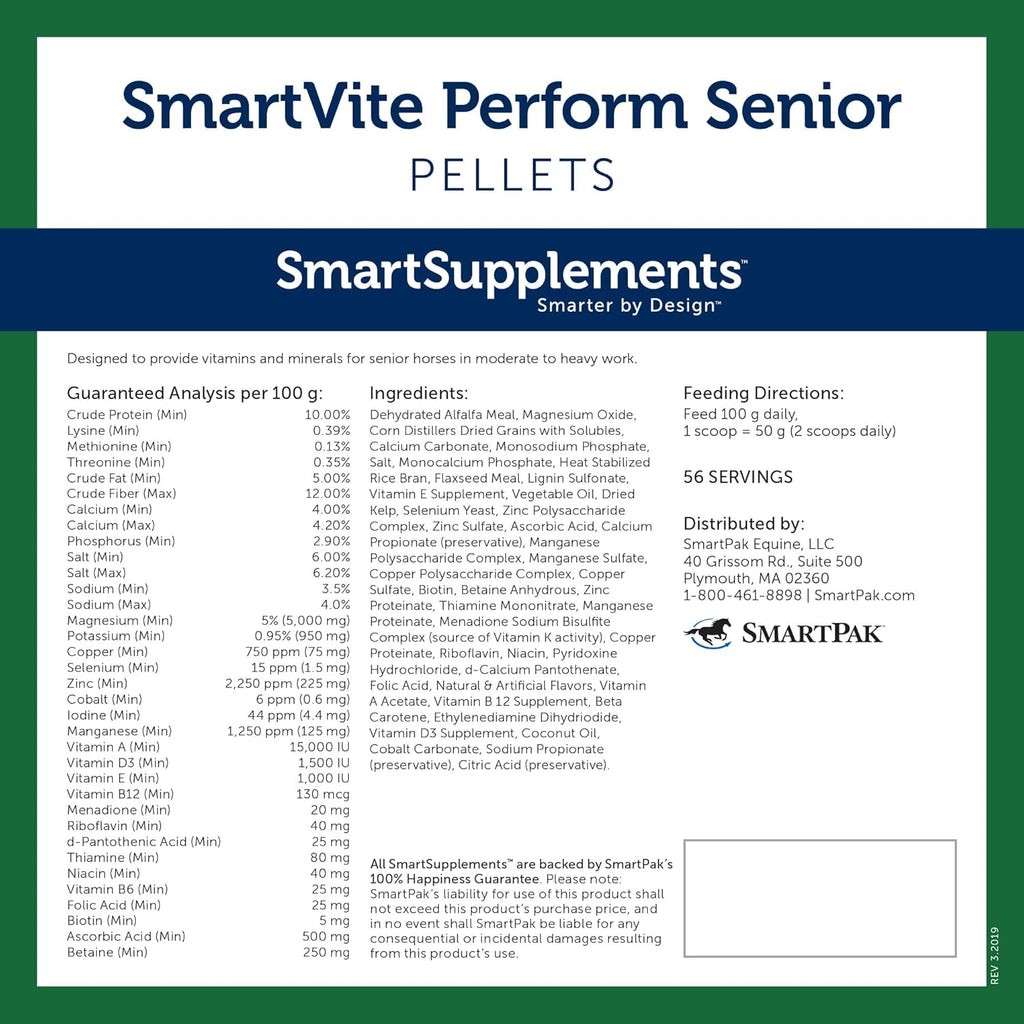 SmartVite Perform Senior Pellets | Vitamin E, Magnesium Supplement for Senior Horses | Includes Vitamin C, B Complex, Manganese, Biotin and More | 56 Servings | 12.5 lb Bucket