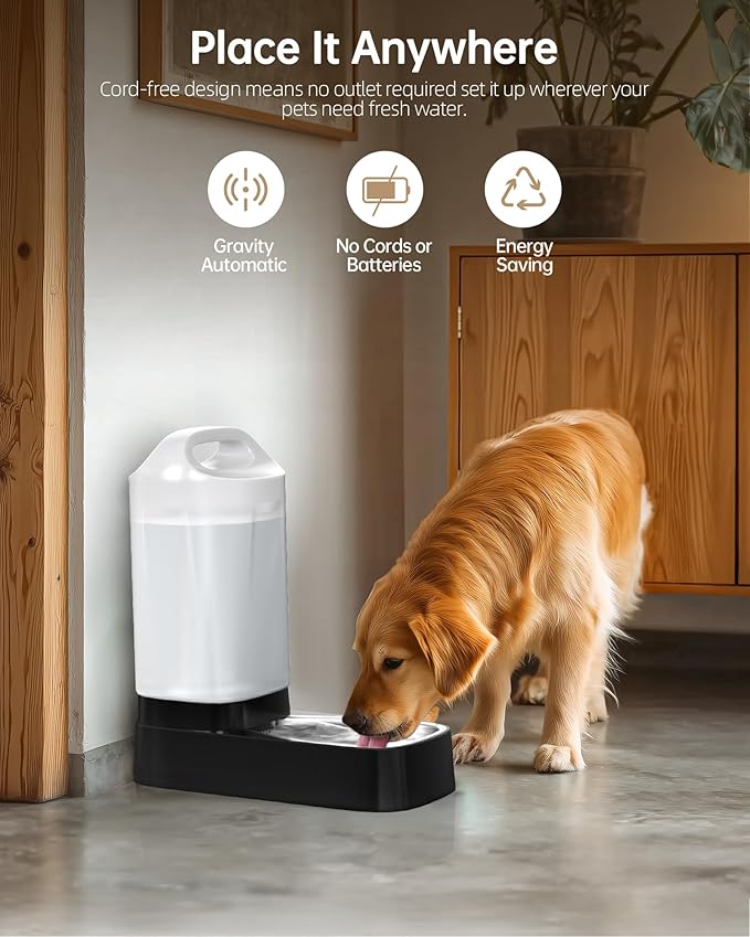 Automatic Dog Water Bowl Dispenser - 2.4 Gal Large Gravity Auto Pet Water Feeder Fountain Waterer with Stainless Steel Bowl & Easy Carry Handle for Large Dog Cat Multi Pet Use, BPA Free, No Leakage
