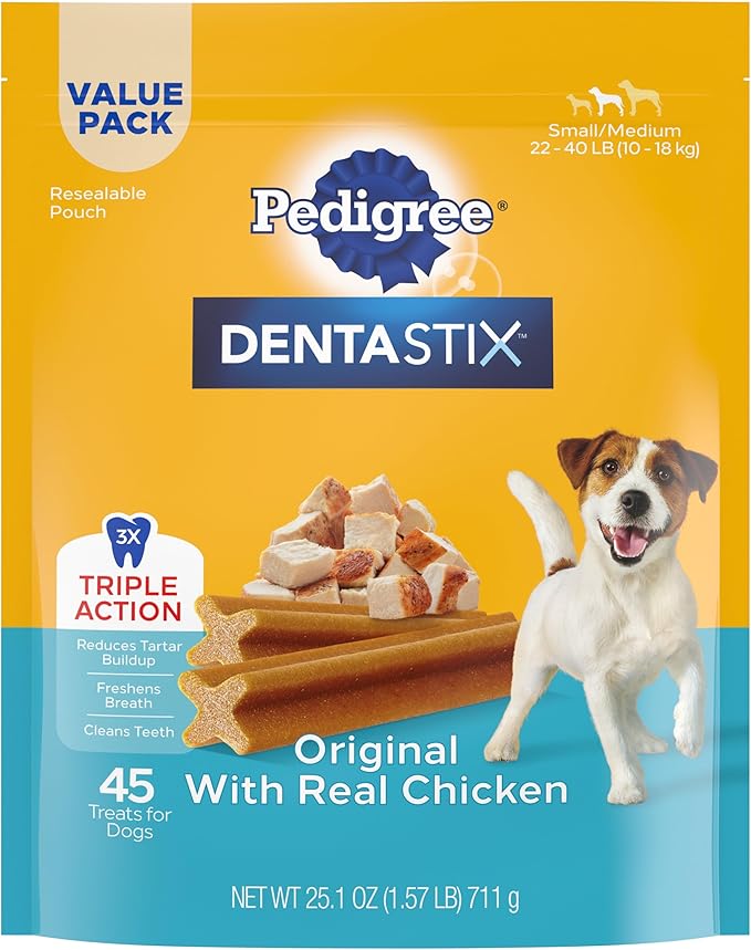 Pedigree Dentastix Small & Medium Breed Dog Treats, Original with Real Chicken, 21.1 oz. Bag (45 Treats)