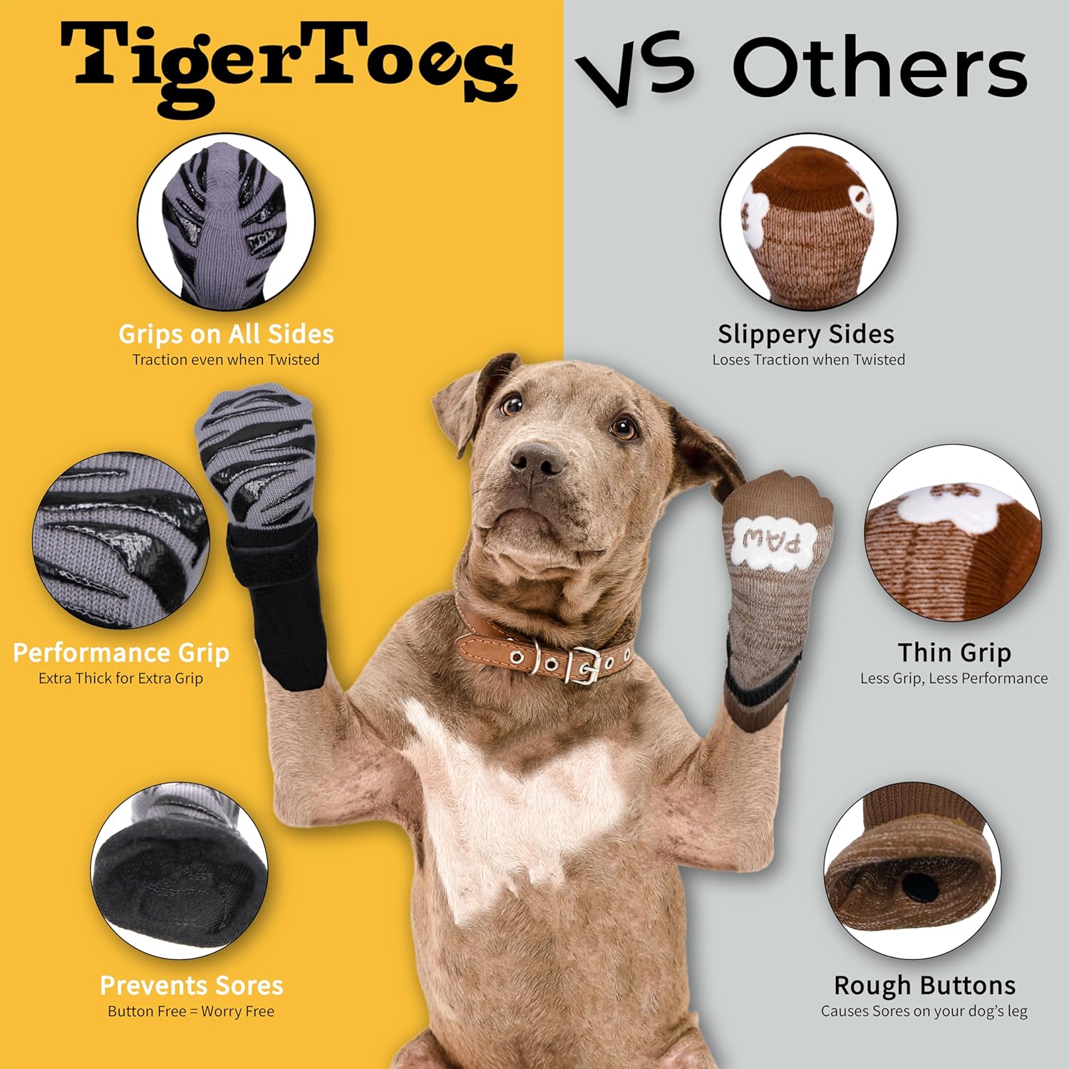 DOK TigerToes Premium Non-Slip Dog Socks for Hardwood Floors - Extra-Thick Grip That Works Even When Twisted - Prevents Licking, Slipping, and Great for Dog Paw Protection (X-Small)