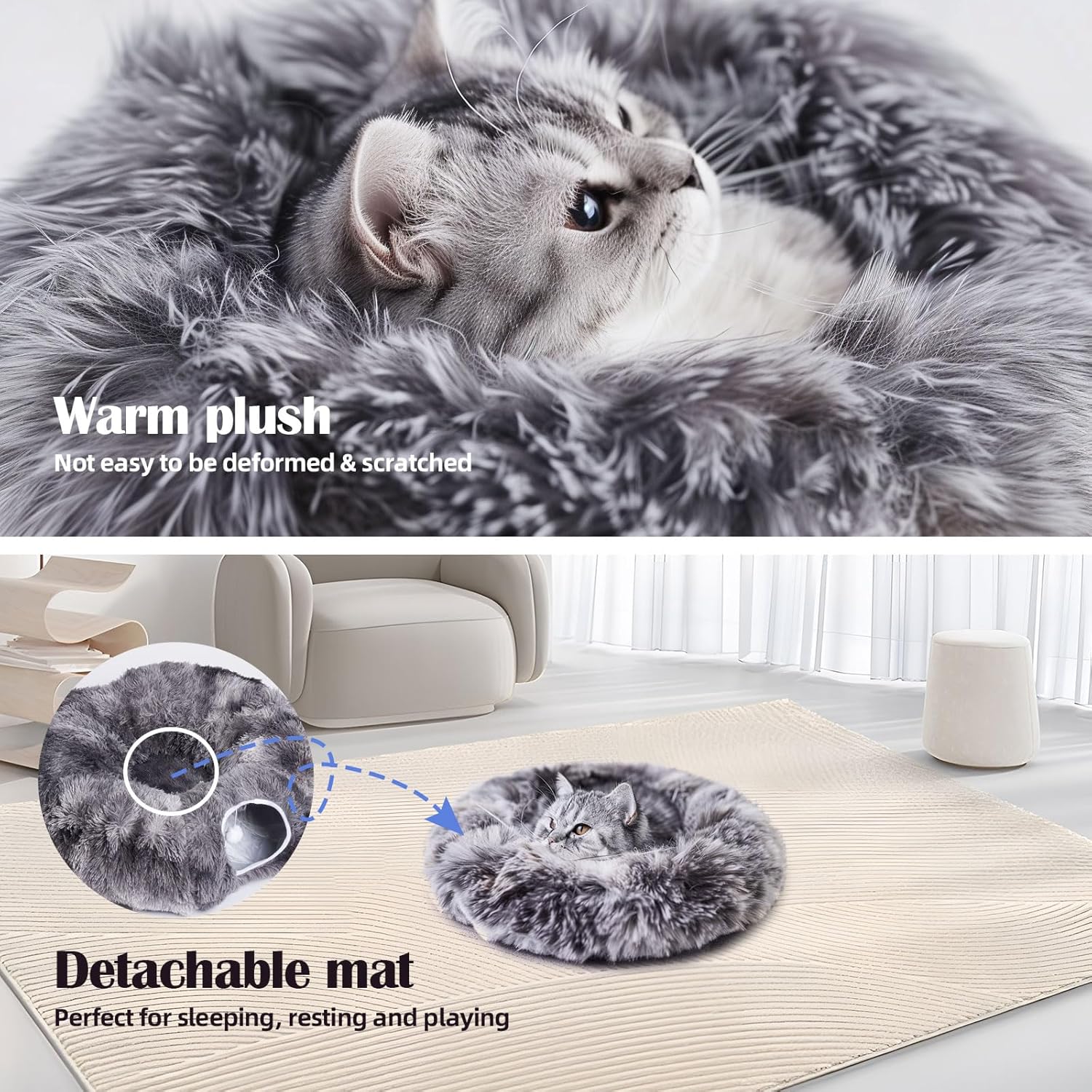 Odoland Cat Tunnels for Indoor Cats with Fluffy Plush Central Cat Couch and 20 Cat Toys, Tunnel Bed for Cats with Hanging Ball, Detachable Soft Mat and Variety Kitty Toy Set, Grey