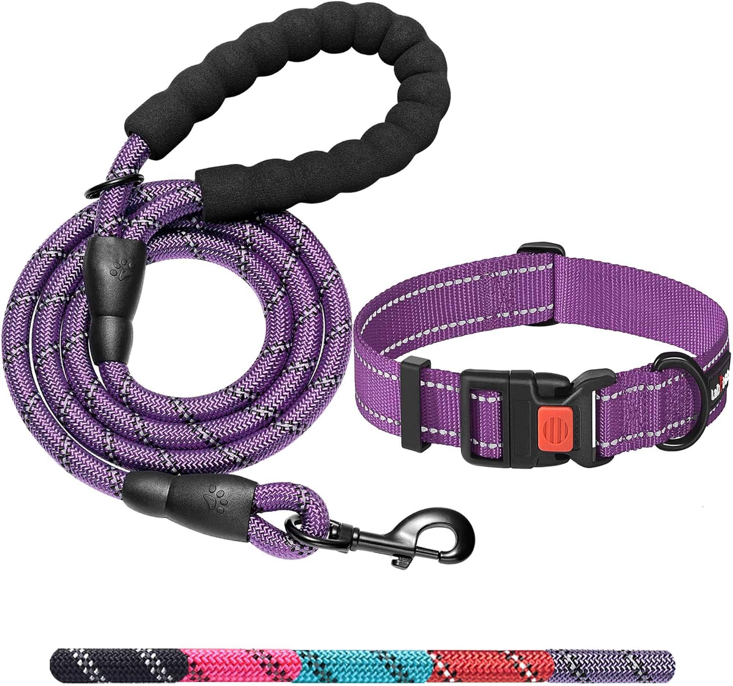 Heavy Duty Dog Leash - Comfortable Padded Handle, 5 ft Long - Dog Leashes for Small Medium Large Dogs (Leash+Collar L Neck 20"-25", Purple)