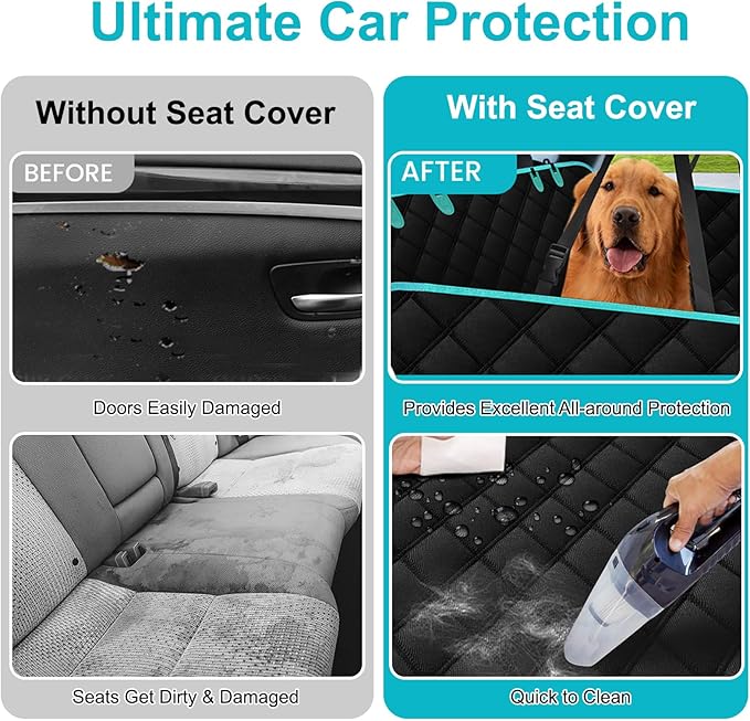 Dog Car Seat Cover for Back Seat, Car Seat Protector for Dogs, Hard Bottom Supports 450 lbs, Triple Waterproof, Non-Slip, Exclusive Zipper Design for Child Seat & Dog Seat Belt