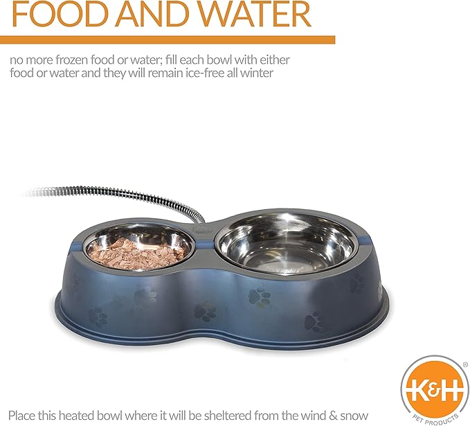K&H Pet Products Outdoor Heated Cat Food & Water Bowls for Outside Pets, Thermo-Kitty Café Feral Cat Feeding Station, No Frozen Water or Food, Washable Bowls, Safety Listed - 12oz/24oz Stainless