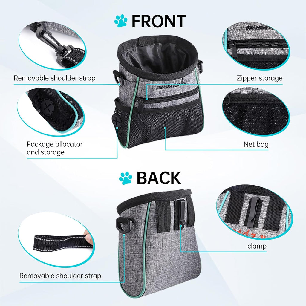 Dog Treat Pouches Training Walking Bag with Shoulder Strap, Large Space for Pets Food, Polyester Fabric, 3-Way Wearing Design, Portable Pet Bagand Easy to Clean, Black with Grey