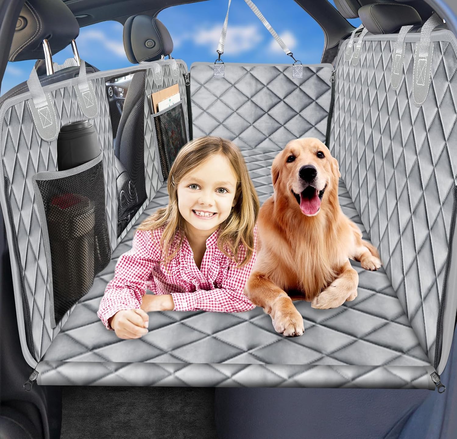 URPOWER Back Seat Extender for Dogs - Hard Bottom Dog Car Seat Cover Holds 400 lbs, Waterproof Dog Hammock Dogs Bed for Cars, SUVs & Small Trucks, Pet Backseat Protector with Mesh Window & Large Space