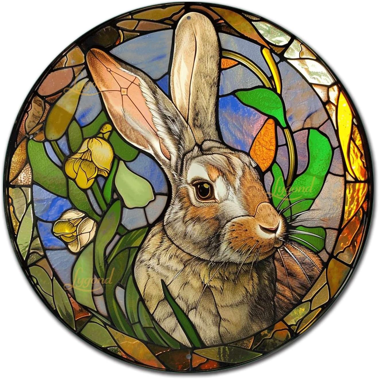 Lygond Metal Sign Tin Sign Circular Stained Glass Rabbit Metal Garden Sign for Pet 12×12 Inches