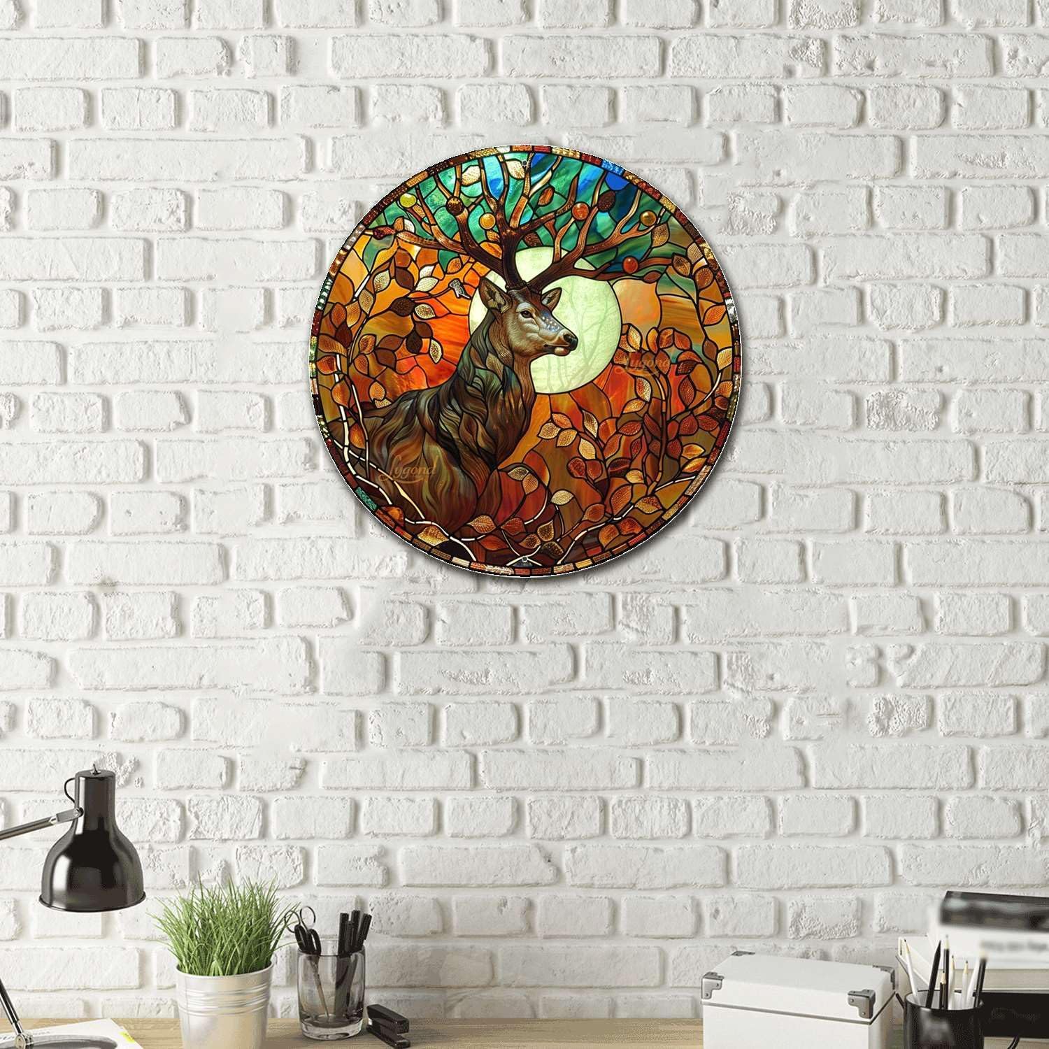 Lygond Metal Sign Tin Sign Circular Stained Glass Deer Gift For Gift 12×12 Inches