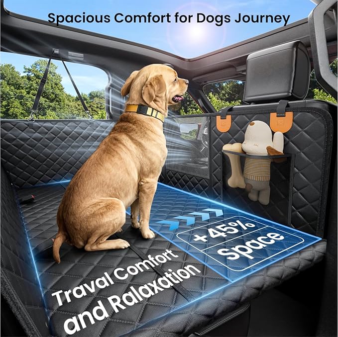 REEVAA Dog Car Seat Cover for Back Seat, Hard Bottom Dog Hammock, Pet Bed Extender for 2-4 Large/Medium Dogs, Waterproof Seat Protector, Universal L Size for SUV Medium Truck, Black+Orange