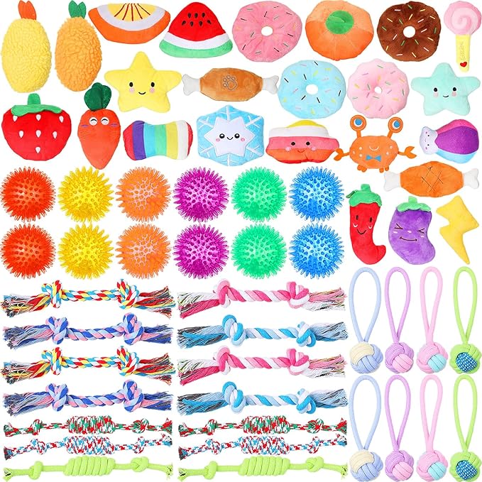 Syhood 60 Pcs Squeaky Dog Toys Bulk Christmas Stuffed Plush Chew Toys Puppy Teething Rope Cute Spiky Chew Ball for Christmas Small Dog Pet Teething Gift(Lovely Style)