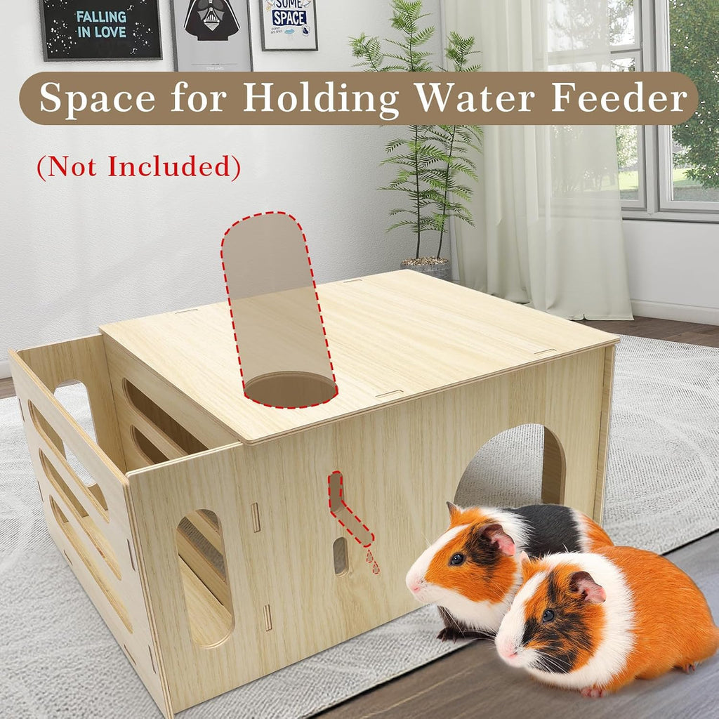 Guinea Pig Hideout Castle with Hay Feeder, Wooden Chinchilla House and Hay Rack, Small Animals Habitats Hut Accessories for Bunny, Rabbit, Hedgehog Playing Hiding, Easy Assembly