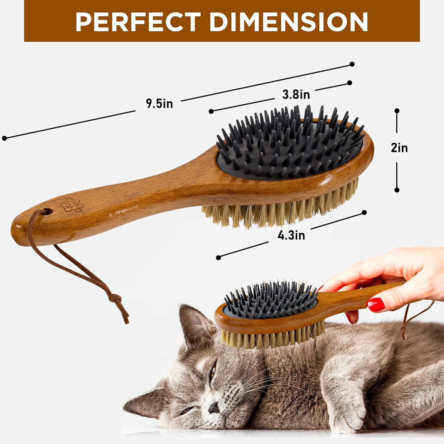 TAKAVU Short Hair Dog & Cat Deshedding Brush - Double Sided Grooming Tool with Silicone Massage & Bristle Sides - Removes Loose Fur & Dirt - Wood Handle