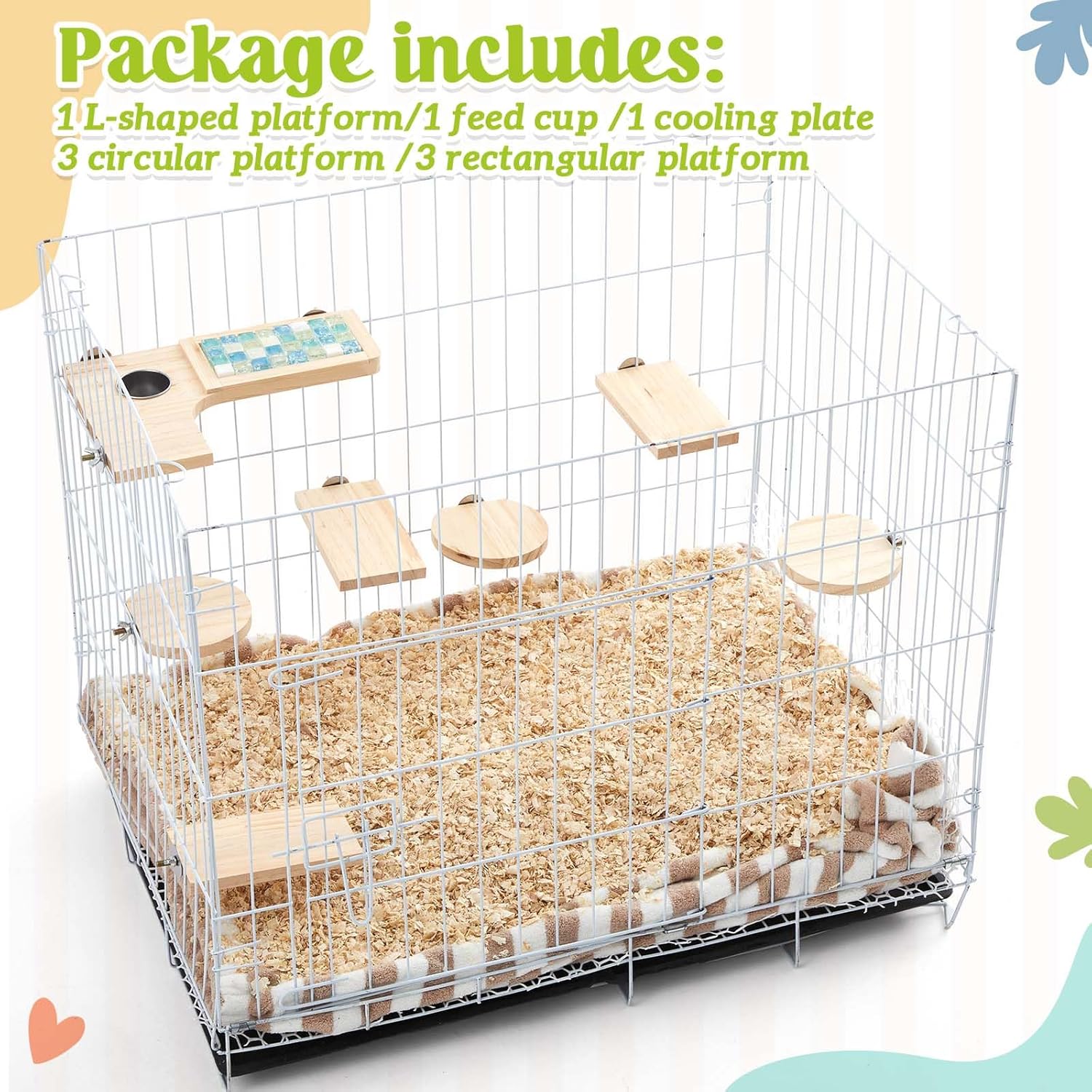 Set of 9 Wooden Hamster Cage Platform Chinchilla Ledges and L Shaped Round Hole Rat Cage Accessories with Cooling Standing Board Food Cup for Squirrel Gerbil Guinea Pig Small Animal