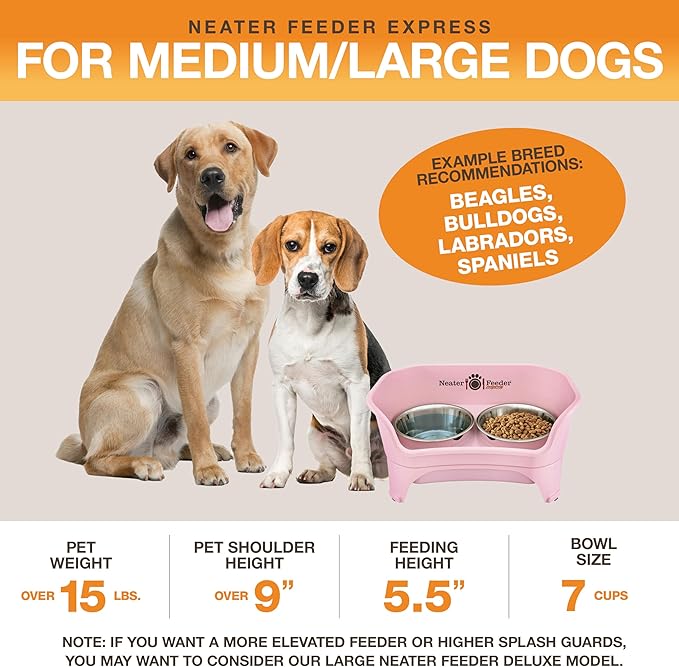 Neater Feeder Express Mess Proof Dog Bowls Elevated for Medium to Large Sized Breed, No Spill Raised Dog Food Bowl Stand, Stainless Steel Food and Water Bowl Set, Pet Dish Feeding Station, Pink