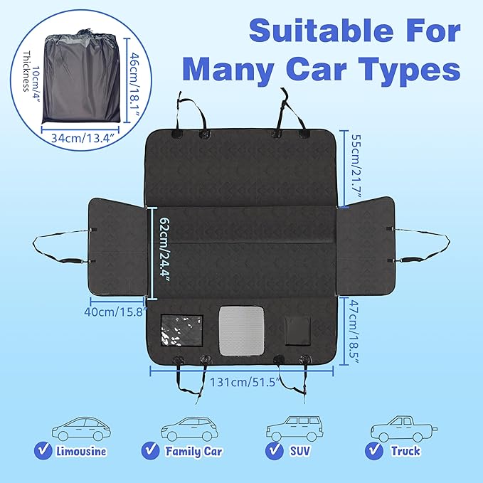 Dog Car Seat Cover for Back Seat, Hard Bottom Car Seat Cover for Dogs Hold 400lbs, Sturdy 600D Heavy Duty Scratch-Proof Waterproof Dog Hammock for Car, SUV, Truck (Black)