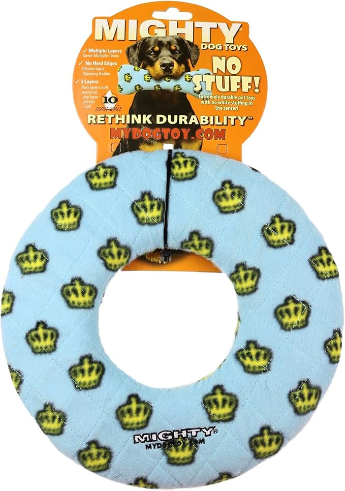 MIGHTY- NO Stuff Ring - Squeaky Plastic Core. 2-in-1 Toy. Made Durable, Strong & Tough. Interactive Play (Tug, Toss & Fetch). It Floats (Blue, Large)