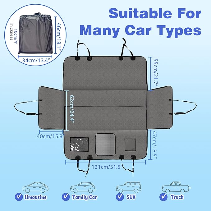 Dog Car Seat Cover for Back Seat, Hard Bottom Car Seat Cover for Dogs Hold 400lbs, Sturdy 600D Heavy Duty Scratch-Proof Waterproof Dog Hammock for Car, SUV, Truck (Grey)