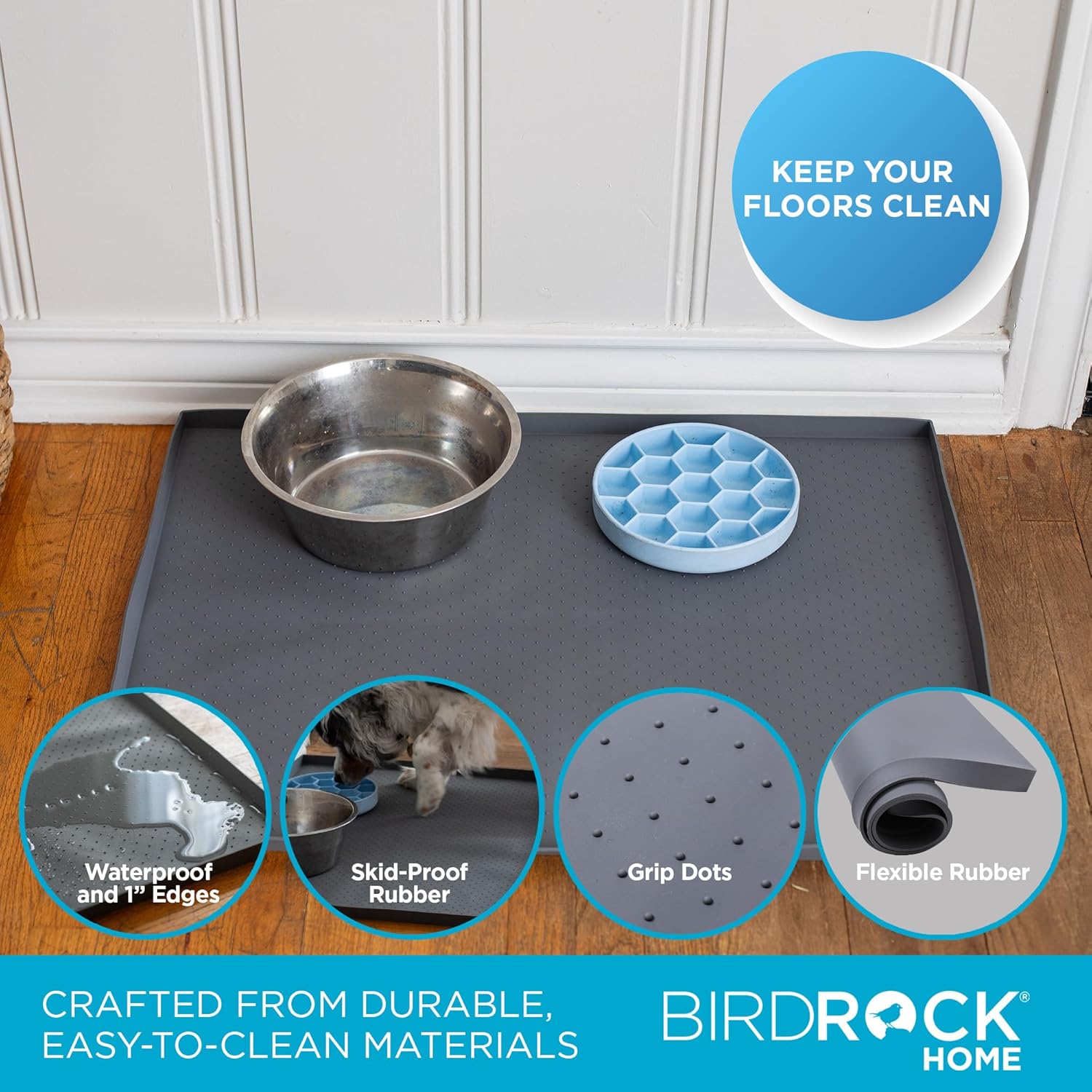 BIRDROCK HOME Extra-Large Dog Mat for Food and Water Bowls - Waterproof Pet Feeding Mat to Prevent Spills - Anti-Slip Rubber Tray for Messy Eaters - Placemat Protector for Floors - 32in x 24in - Grey