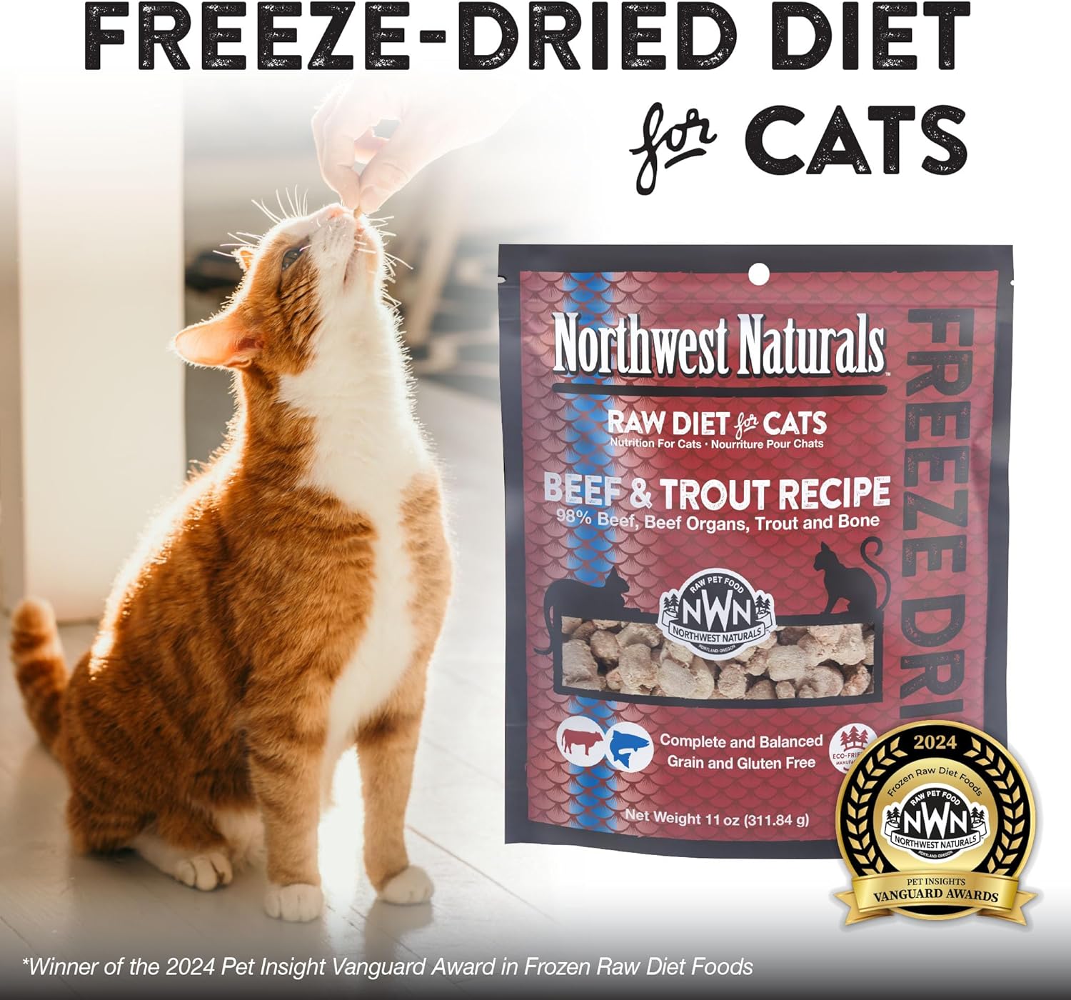 Northwest Naturals Freeze-Dried Beef & Trout Cat & Kitten Food, Bite-Sized Nibbles, Healthy, Limited, Human-Grade Ingredients, All-Natural, High-Protein Raw Diet, Complete & Balanced, Grain-Free 11 oz