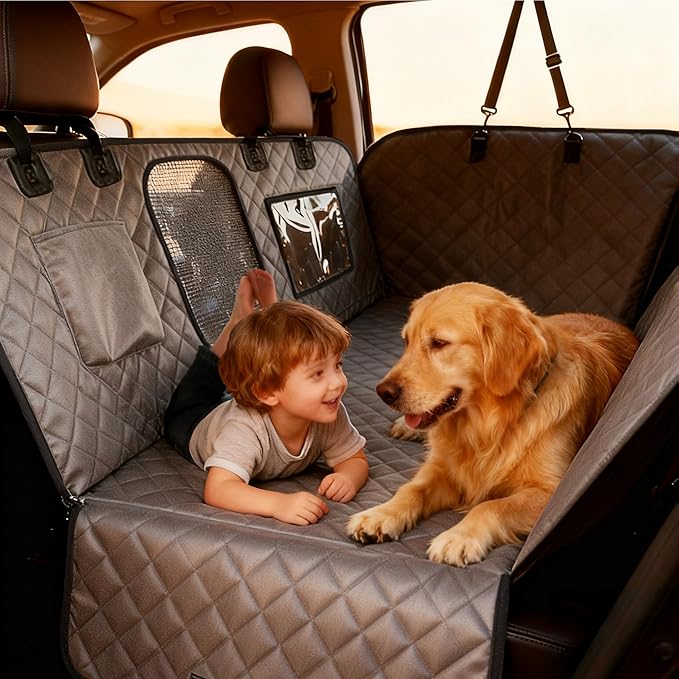 Dog Car Seat Cover for Back Seat, Hard Bottom Car Seat Cover for Dogs Hold 400lbs, Sturdy 600D Heavy Duty Scratch-Proof Waterproof Dog Hammock for Car, SUV, Truck (Grey)
