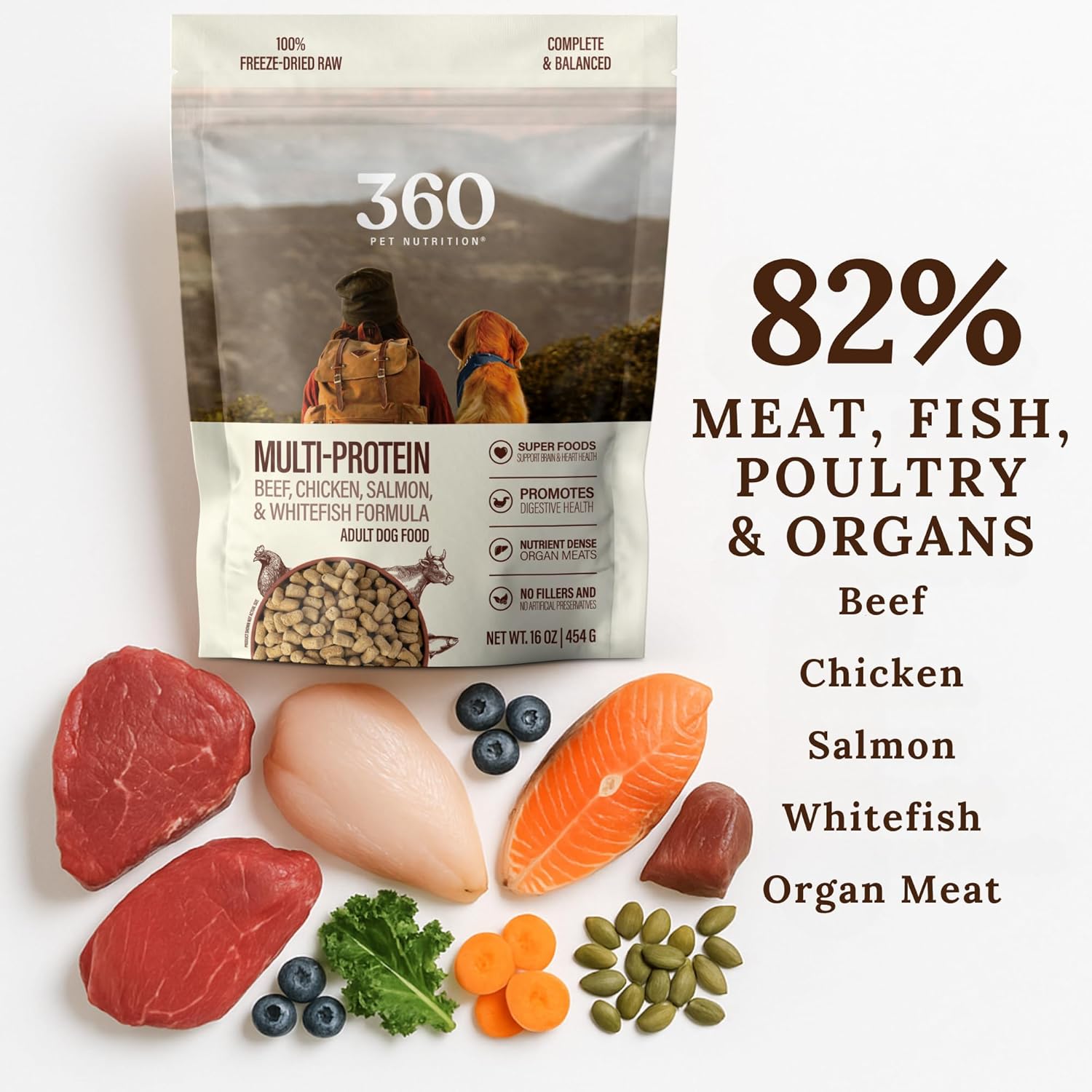 360 Pet Nutrition Freeze-Dried Raw Dog Food – Multi-Protein with Beef, Chicken, Fish, Liver & Organs, High Protein, Omega-3s, Fruits, Veggies & Superfoods, Grain-Free, No Fillers, 1 lb – Made in USA