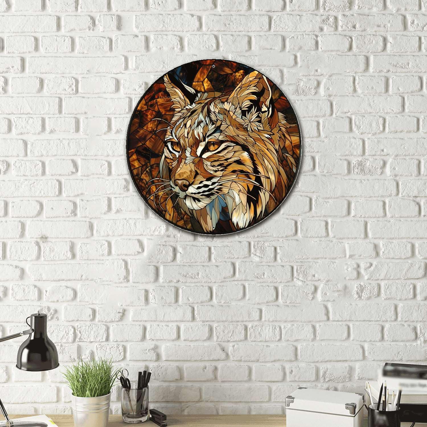 Lygond Metal Sign Tin Sign Circular Stained Glass Bobcat Signs for Garden for Patio 12×12 Inches