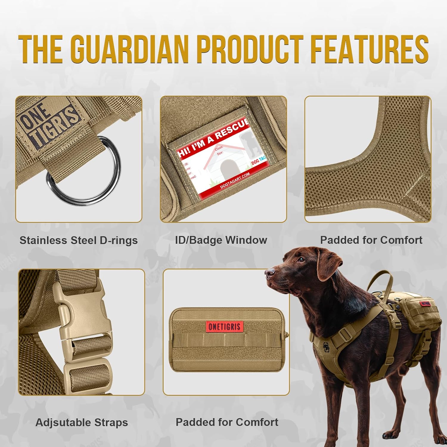 OneTigris Service Dog Vest Harness, Service Dog Cape Guardian Dog Backpack Harness with Pouches Dog Saddle Bag for Small Medium and Large Dogs (Brown, Small)