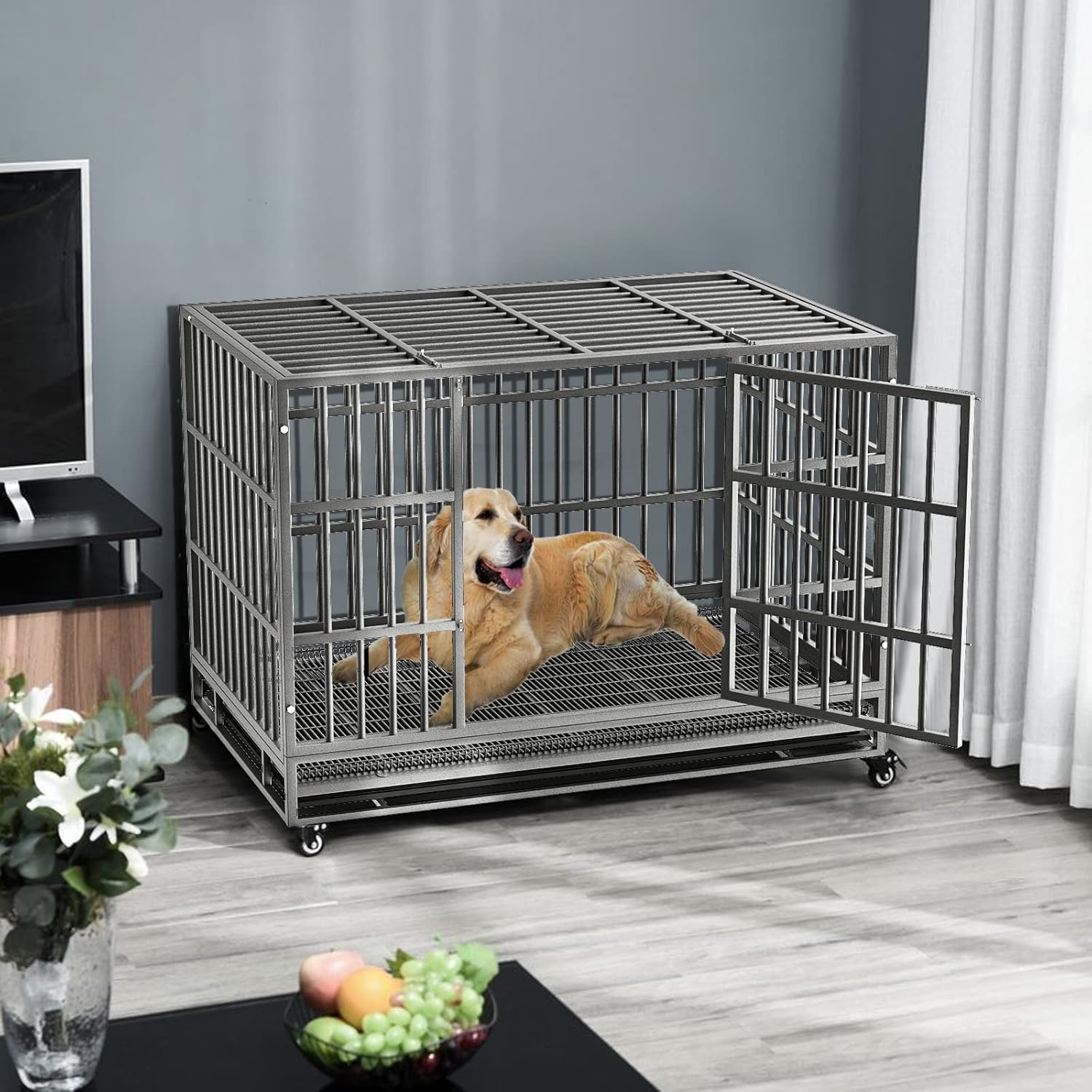 LEMBERI 48/38 inch Heavy Duty Indestructible Dog Crate, Escape Proof Dog Cage Kennel with Lockable Wheels,High Anxiety Double Door Dog Crate,Extra Large Crate Indoor for Large Dog with Removable Tray