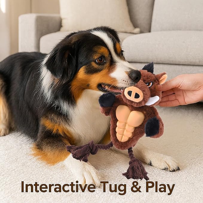 Extremely Durable Boar Chew Toy for Aggressive Chewers - Squeaky Rubber Chest & Rope Tug Legs for Large Breed Dogs