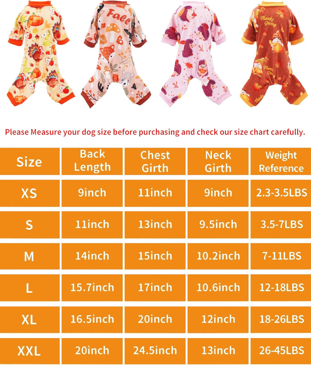 PET SHOW 4 Pack Fall Small Dog Pajamas Thanksgiving Clothes for Medium Dogs Girl Boy Soft Stretchy PJs Autumn Jumpsuit Puppy Onesies Outfits with Sleeve Pets Dachshund Costume L