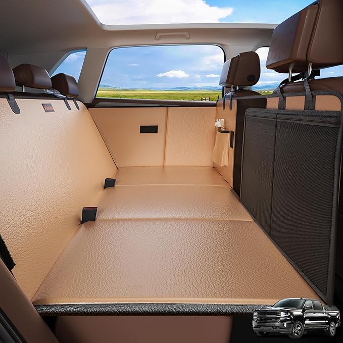 FURTIME XL Back Seat Extender for Dogs, Hard Bottom Dog Car Seat Cover for Truck Back Seat, Upgraded PU Leather Waterproof Anti-Scratch, Large Space Back Seat Cover for Full Size Truck SUV, Brown
