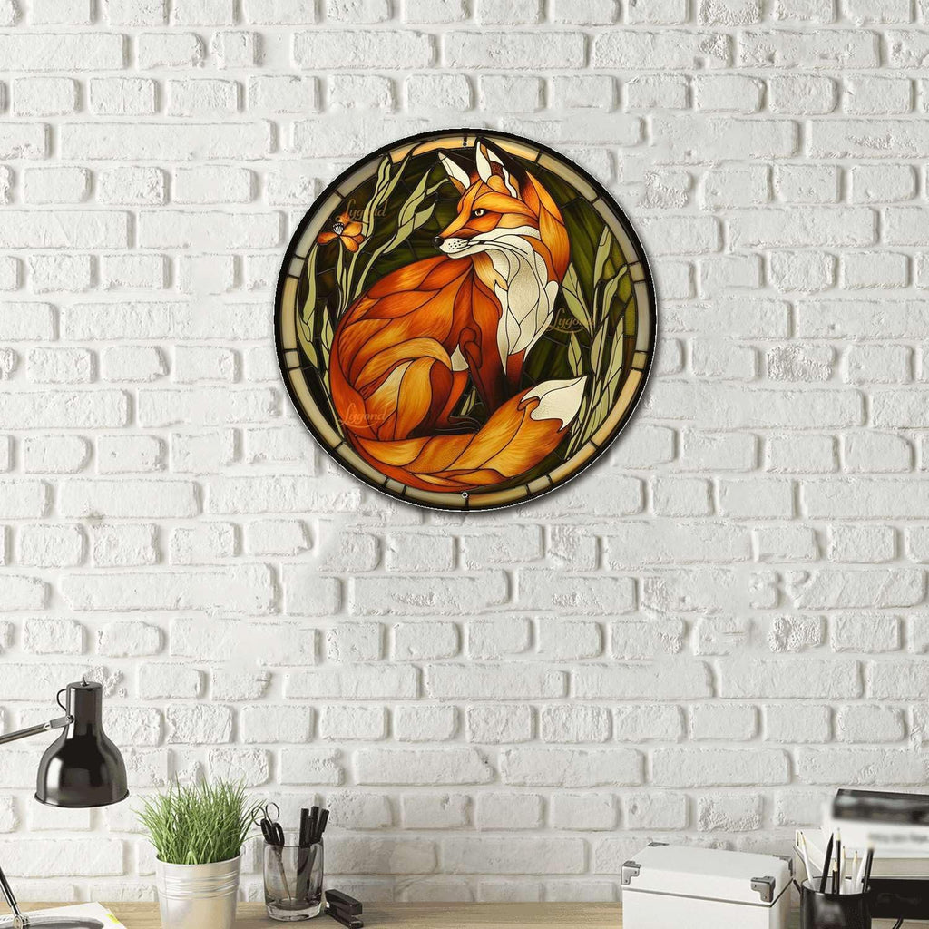Lygond Metal Sign Tin Sign Circular Stained Glass Red Fox Wall Art for Bar 8×8 Inches