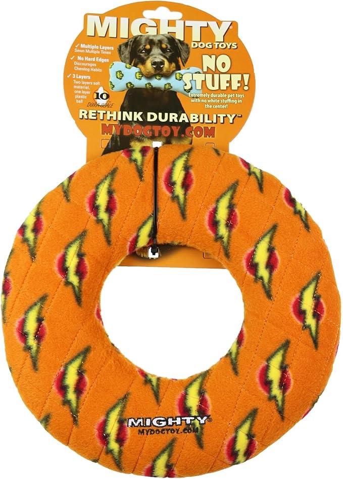 MIGHTY- NO Stuff Ring - Squeaky Plastic Core. 2-in-1 Toy. Made Durable, Strong & Tough. Interactive Play (Tug, Toss & Fetch). It Floats (Orange, Large)