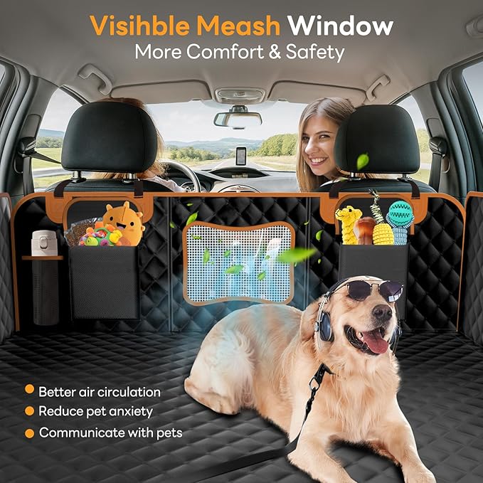 Back Seat Extender for Dogs,Hard Bottom,Waterproof Dog Car Seat Cover for Back Seat Holds 450 lbs - Detachable, Scratch-Proof and Anti-Slip Dog Hammock for Cars, SUVs and Trucks, Bk+ORG