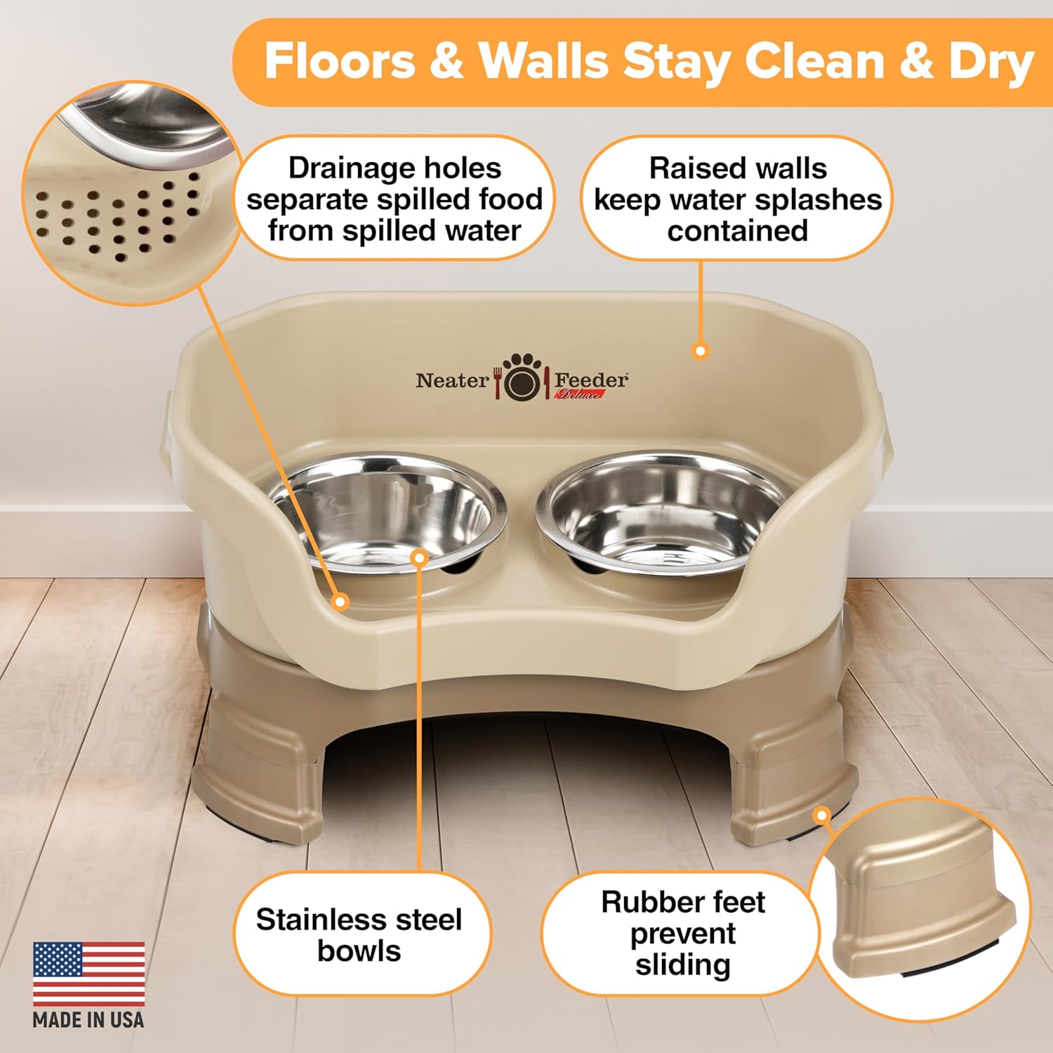 Neater Feeder Deluxe Mess Proof Dog Bowls Elevated for Small Breeds – Made in USA – No Spill Raised Dog Food Bowl Stand w/Leg Extensions – Stainless Steel Dog Food and Water Bowl Set – Beige