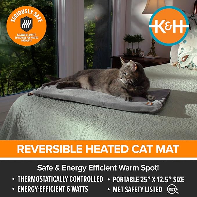 K&H Pet Products Heated Cat Bed Pad for Indoor Cats, Thermo-Kitty Mat Calming Warm Pet Heating Pad for Inside Pets, Machine Washable, Waterproof Heater, Safety Listed - 12.5 X 25in Gray