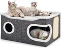 Cat Beds for Indoor Cats, Extra Wide Cat Cube House for Multi Cats, Foldable Cat Cave Hideaway with Arc-Edge Design & Oval Door, Double-Side Soft Cushion for All Seasons, 24"L x 17.7"D x 12.6"H, Grey