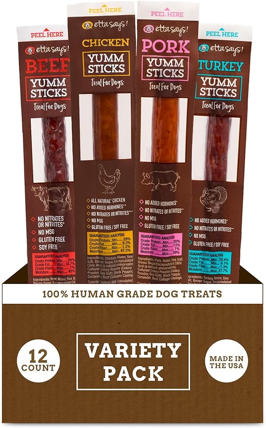 etta says! Yumm Sticks - Real Meat Jerky Dog Jerky Treats - Beef, Chicken, Pork, and Turkey Variety Pack - Human Grade - Made in The USA (12 Count Pack of 1)
