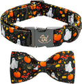Elegant little tail Fall Dog Collars, Ghosts Pumpkin Print Halloween Pet Collar Puppy Male Cotton Dog Collar with Bow Adjustable Collars for Small Medium Large Dogs