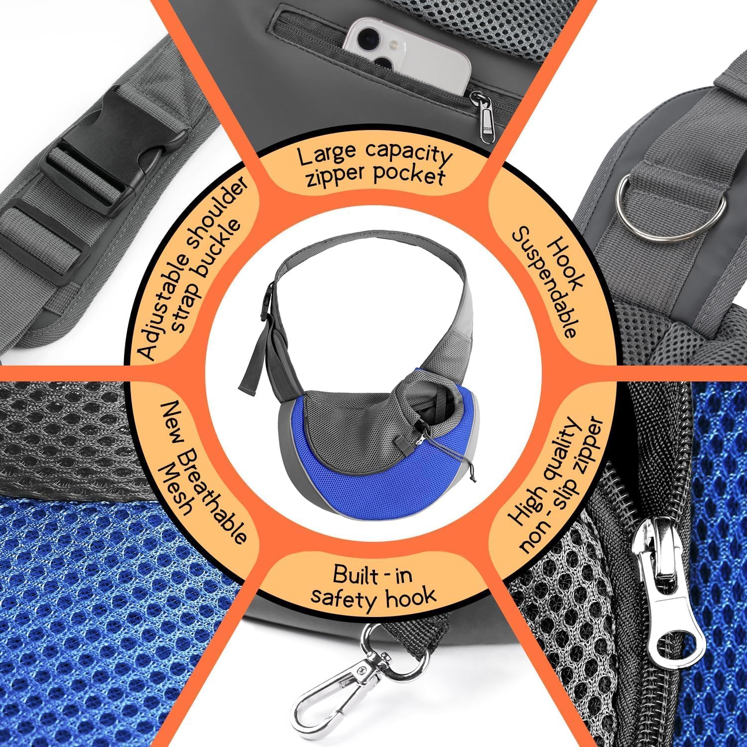 YUDODO Pet Sling Carrier for Small Dogs & Cats – Hands-Free Puppy Carrier with Safety Hook, Large Zipper Pocket, Soft Breathable Mesh, Adjustable Strap & Reflective Strip (Blue 1.0 L)