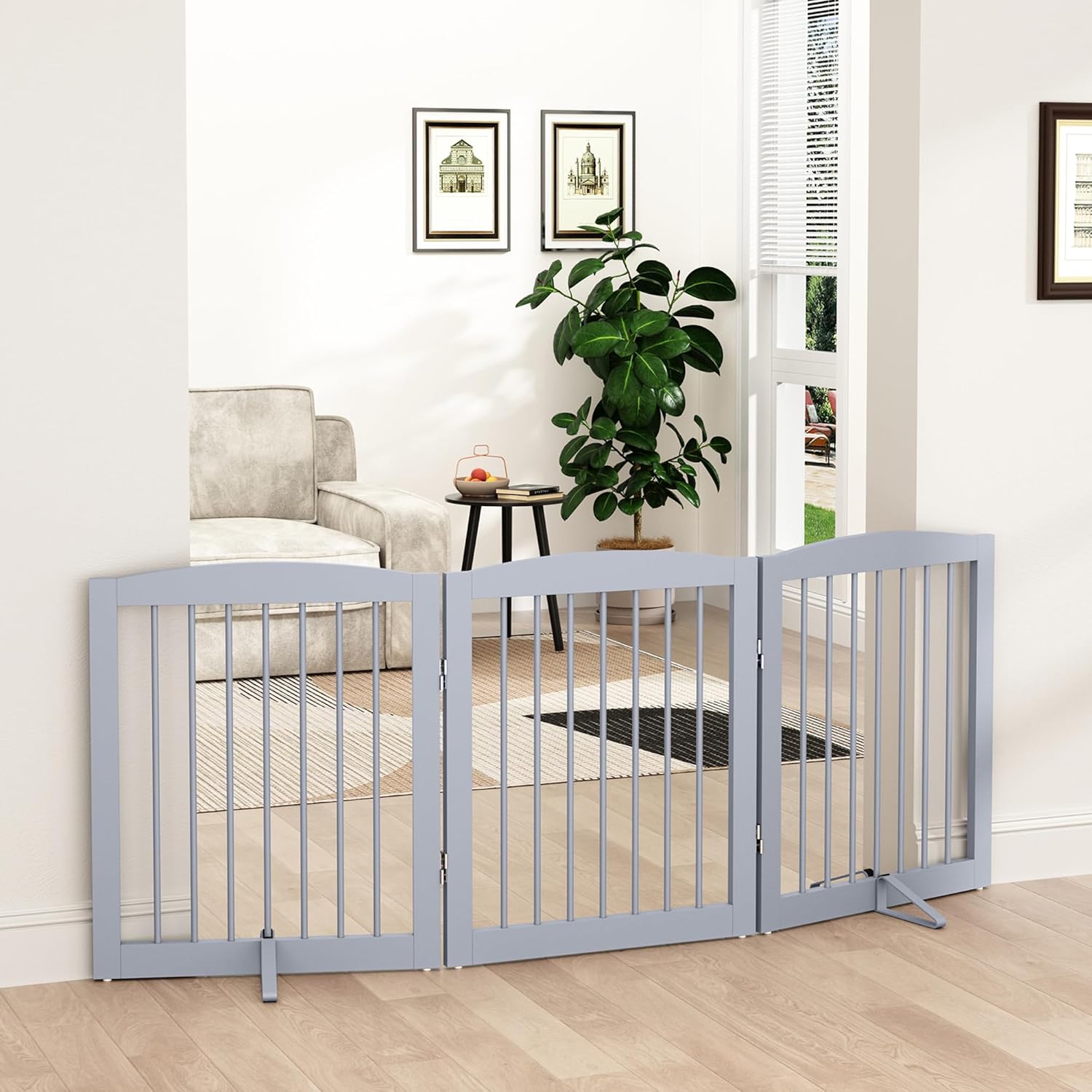 Freestanding Pet Gate for Dogs, Foldable Wooden Dog Gate for House, Indoor Dog Gate for Doorways, Stairs, Gates for Dogs Indoor, Support Feet Included, 24" Height 3 Panels, Grey