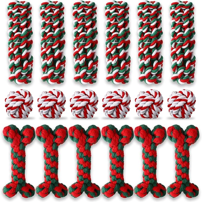 18 Pcs Christmas Dog Rope Toys Set Christmas Interactive Chew Balls Toys for Aggressive Chewers Large Medium Small Dogs Pet Puppy Teeth Cleaning Fun Training Birthday Gifts