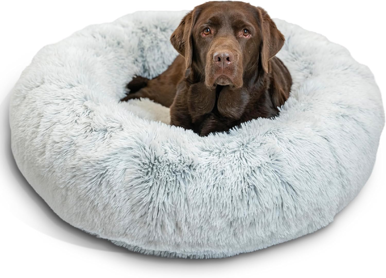 Best Friends by Sheri Original Calming Donut Dog and Cat Bed, Shag Faux Fur, Frost Gray, (36in x 36in) - Anxiety Relief for Pets Up to 100 lbs