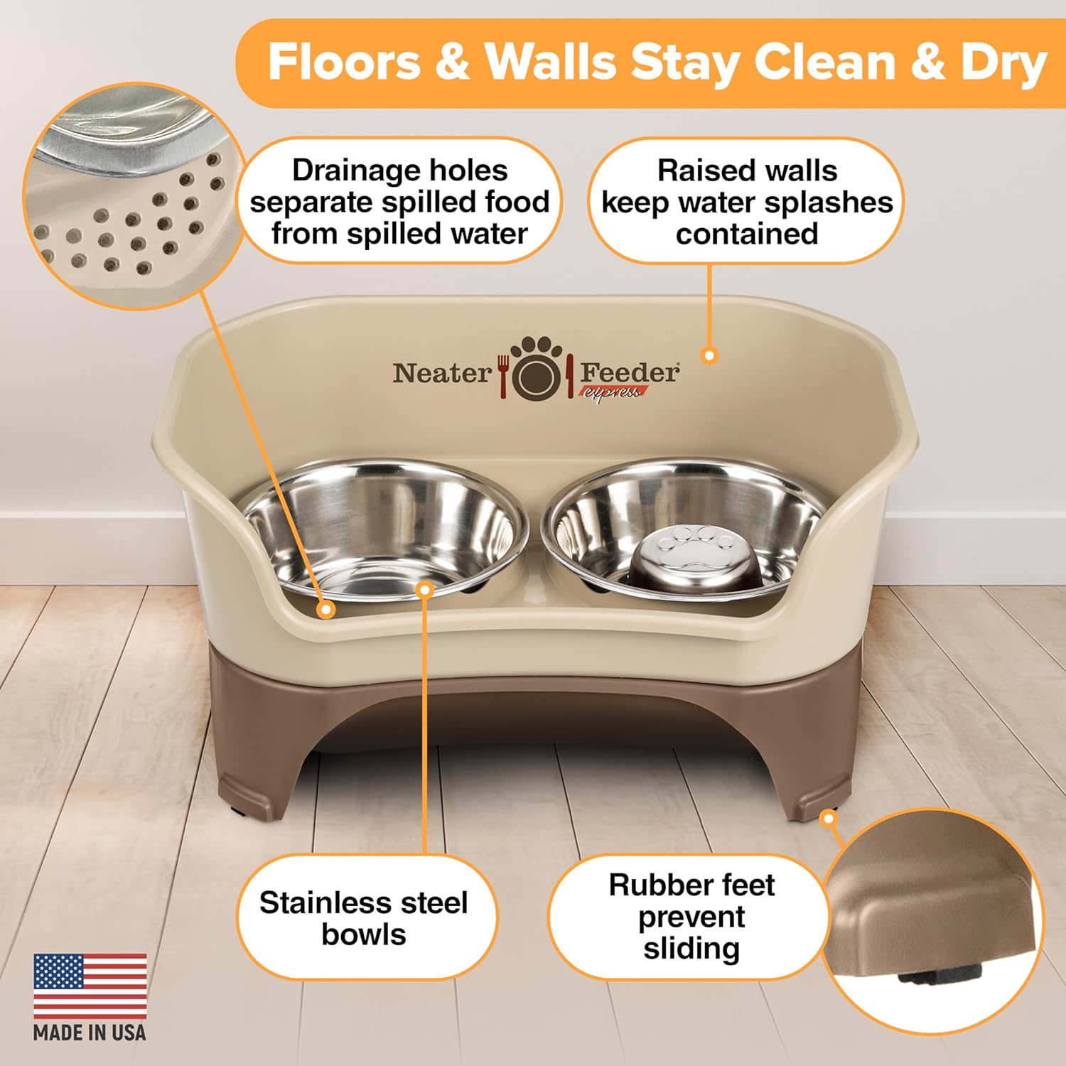 Neater Feeder - Express Model w/Slow Feed Bowl - Mess-Proof Dog Bowls (M/L, Cappuccino) Made in USA –Elevated, No Spill, Non-Tip, Non-Slip, Raised Stainless Steel Food/Water Pet Bowls Aid Digestion