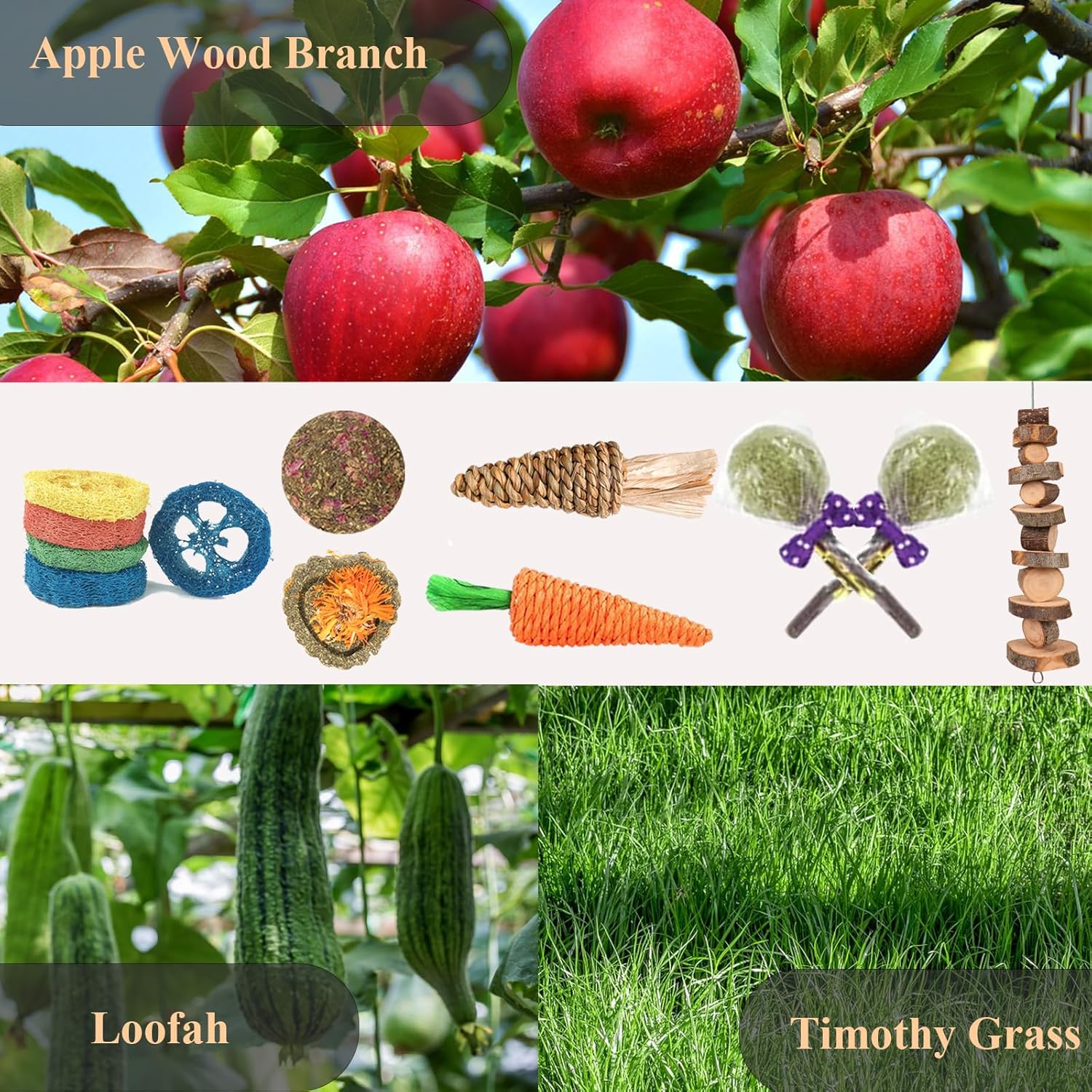 Grddaef 18 PCS Bunny Toys, Rabbit Toys Guinea Pig Toy Natural Apple Wood Grass Timothy Sticks Chew and Treat for Guinea Pigs Hamster Chinchillas