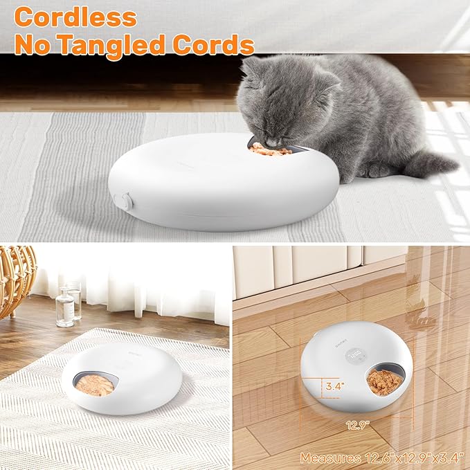 Automatic Cat Feeder for Wet Food, 6 Meals Cat Food Dispenser with 2 Ice Packs, Programmable Timer, Rechargeable Cordless Auto Pet Feeder for Cats Small Dogs- BPA-Free Food Tray