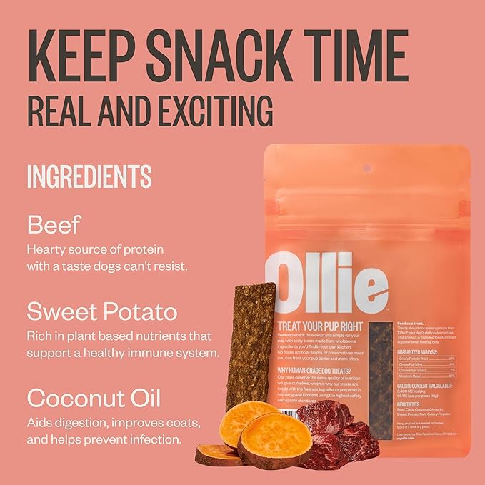 Ollie Beef & Sweet Potato Jerky Treats, 15 oz - All Natural Dog Treats Ingredients, Meat-First Recipe, No Preservatives or Fillers