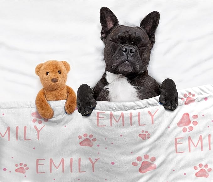 Personalized Dog Blanket - Custom Puppy Throw With Pet's Name and Cute Paw Print, Fluffy for Small Dogs 40"x30"