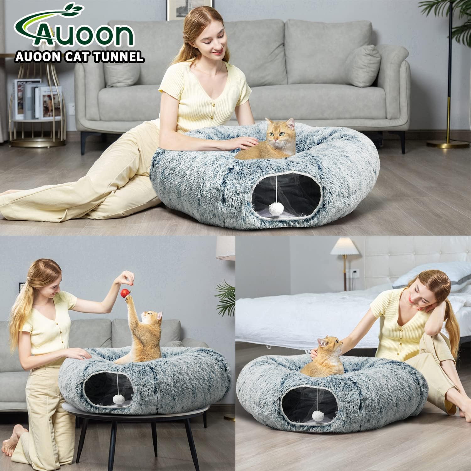 AUOON Cat Tunnel Bed - Cat Donut Tunnel with Soft Plush Circle Cushion for Indoor Cats Kitten Kitty Puppy Rabbit Ferret (Gray)
