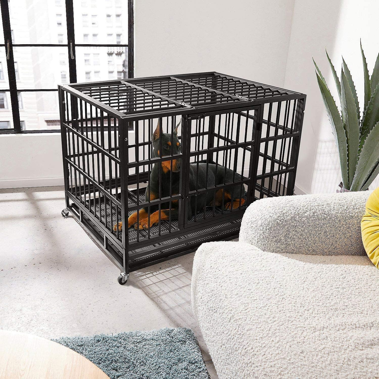 Oranland 48/38 Inch Heavy Duty Indestructible Dog Crate Cage Kennel with Wheels, High Anxiety Dog Kennel, Sturdy Locks, Double Door and Removable Tray Design, Extra Large XL Dog Crate.
